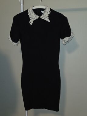 Revamped Black Midi Dress with White Lace Collar And Cuffs Size S